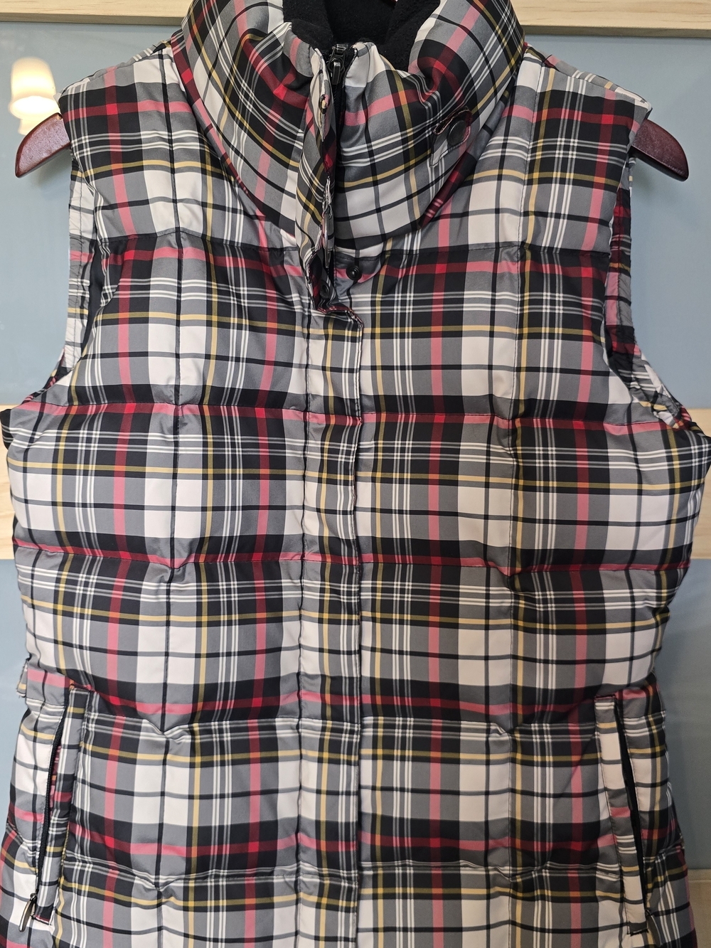 Eddie Bauer Plaid Down Vest in Black, White & Red